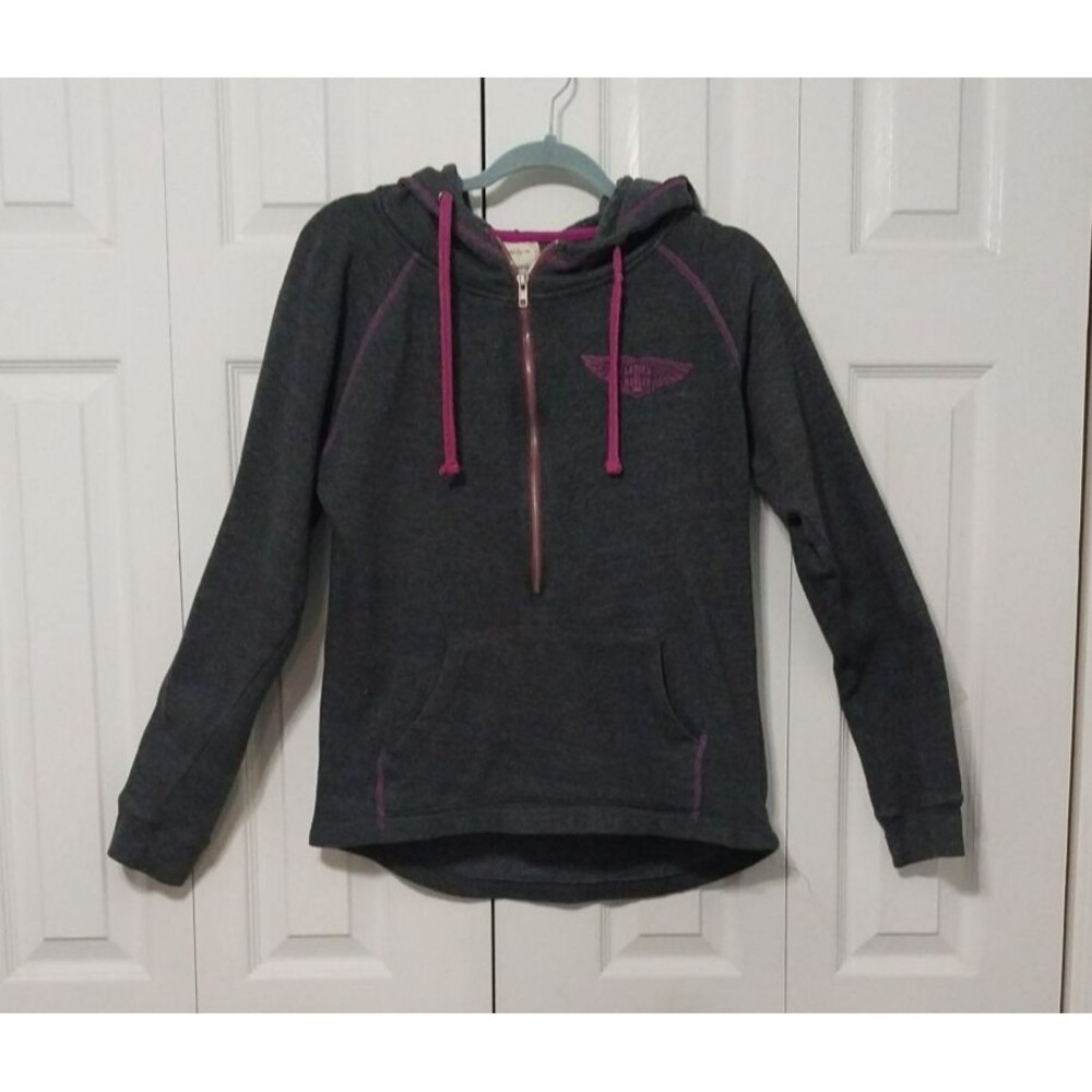 J. America Hoodie Ladies Of Harley Pull Over 3/4 Zip Front Pocket Gray Pink Med.